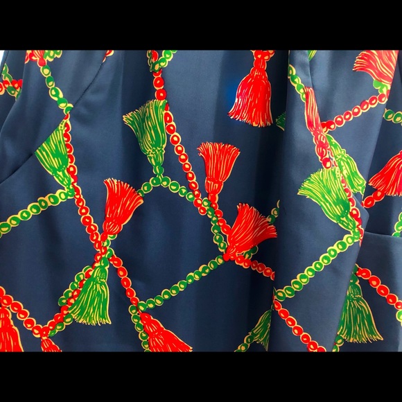 Lilly Pulitzer 100% silk blue and pink tassel dress with gold neckline + pockets - Picture 2 of 5